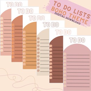 May include: Five printable to-do lists in a boho theme with different colored backgrounds. The backgrounds are peach, brown, beige, and pink. The text "TO DO LISTS BOHO THEME DIGITAL DOWNLOAD" is at the top of the image.