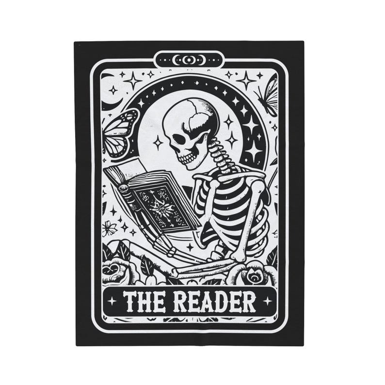 Mantas de libros Manta de terciopelo Mantas de esqueletos de lectura Manta del tarot del lector Mantas de biblioteca Manta de la academia oscura Mantas de brujas imagen 2