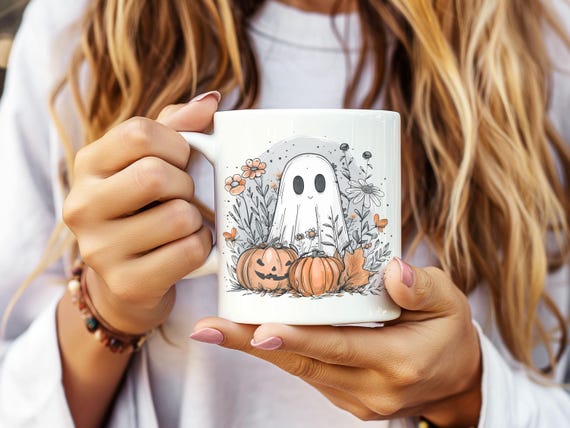 Cute Ghost Fall Floral Ghost Coffee Mug Boo Ghost Cute Ghost Lovers Mug Halloween Mug Fall Lover Cottagecore Ghost Tea Cup
