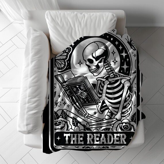 Bookish Blankets Veleveteen Blanket Reading Skeleton Throws Tarot The Reader Blanket Library Blankets Dark Acadamia Throw Witchy Blankets