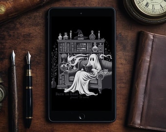 Écran de verrouillage Kindle Fantôme lisant devant une étagère Couverture de livre Kindle personnalisée Fond d'écran Kindle pour Kindle Paperwhite