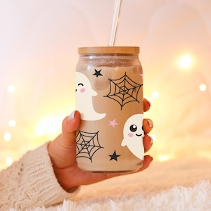 Halloween Ghost Glass Tumbler Can 16oz Glass Can Cute Ghosts Clear Glass Tumbler Iced Coffee Cup Halloween Glass Cup Cute Ghost Glass Cup