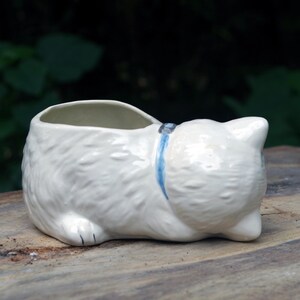May include: White ceramic planter shaped like a cat lying down. The planter has a blue ribbon around its neck and a small opening on the top for planting.