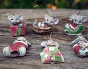 Set of 6 ceramic Christmas Mice figurine Ornaments