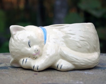 sleeping  Cat Planter blue collar