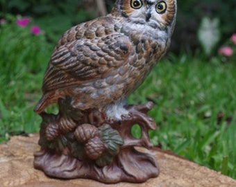 ceramic horned owl on stump Figurine