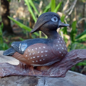 May include: A hand-painted ceramic figurine of a wood duck with brown, black and white markings. The duck is perched on a branch with a rough, brown texture.