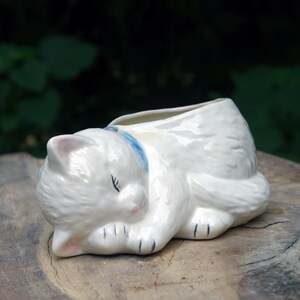 May include: White ceramic sleeping cat planter with a blue ribbon around its neck. The planter is shaped like a cat curled up sleeping.