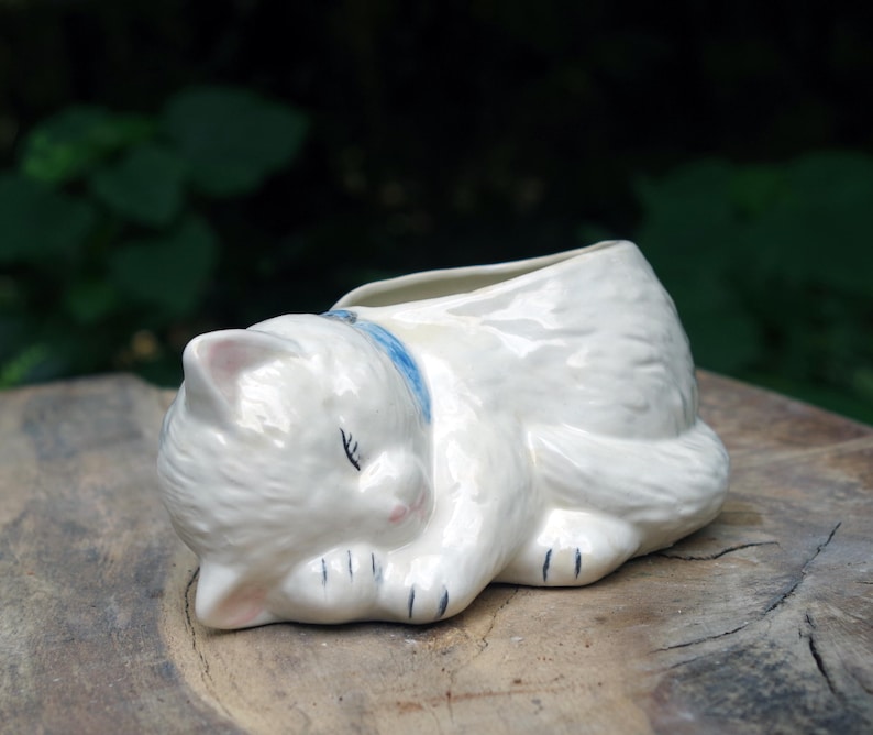 May include: White ceramic sleeping cat planter with a blue ribbon around its neck. The planter is shaped like a cat curled up sleeping.