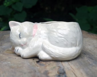 Ceramic sleeping cat planter pink collar
