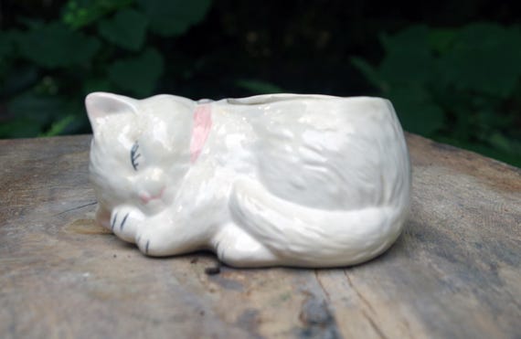 Ceramic sleeping cat planter pink collar