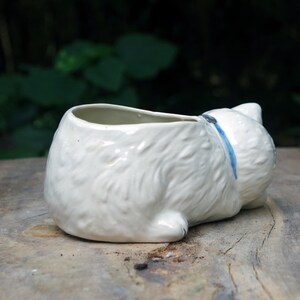 May include: White ceramic planter shaped like a cat lying down. The planter has a blue ribbon around its neck and a small opening for planting.