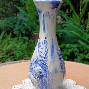 Récipient En Poterie Fait Main - Héron Sur Couvercle - Vase En Argile Signé