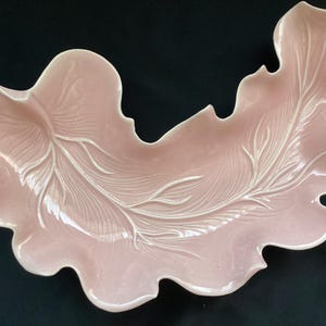 May include: A pale pink ceramic serving dish shaped like a large, elongated leaf. The surface features a detailed, embossed feather or vein pattern running through the center, with smooth, undulating edges that mimic the natural form of foliage.