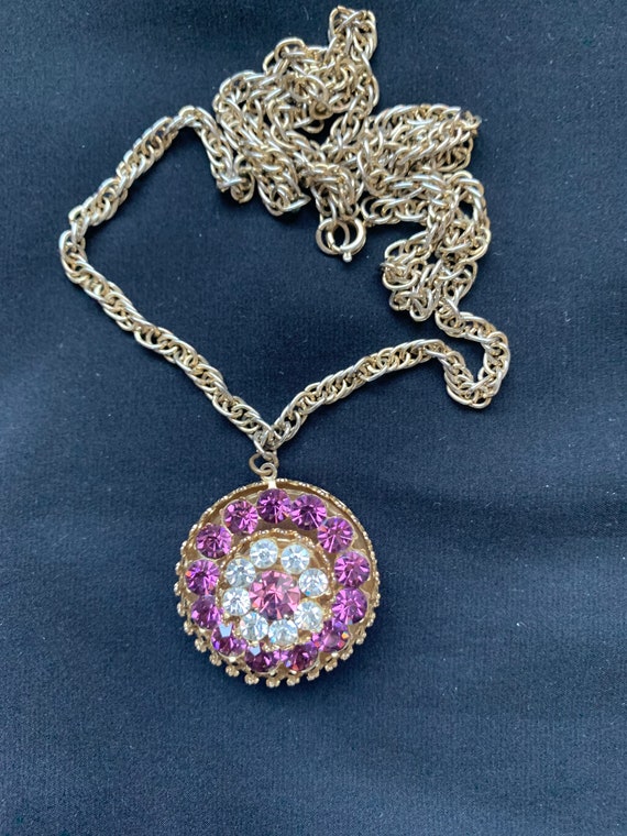 Vintage Mid-Century Coro Pendant with Pink Rhines… - image 1