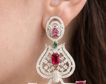 Multi Colour Stone Earrings: Multicolor Cubic Zirconia Jewelry, Indian Wedding Wear Earrings
