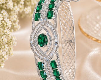 Pulsera de rodio verde esmeralda/circonita talla 2.4/brazalete de diamantes CZ/chapado en plata Kara/joyería india/brazaletes CZ que se pueden abrir/joyería india.