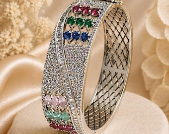 Rhodium Floral Multicolor Zirconia Bracelet Size 2.4/CZ Diamond Bangle/Silver Plated Kara/indian Jewelry/Openable CZ bangles/Indian jewelry.
