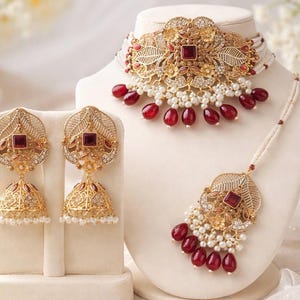 Ruby Maroon & Gold Indian Choker Necklace Set: Pearl Jhumka Bridal Jewelry