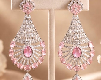 American Diamond Dangle Earrings: Pink CZ Jewelry, Indian Wedding Wear