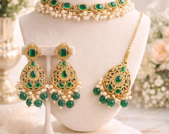 Polki Kundan Choker Set, Emerald Pearl Bridal Necklace, Indian Wedding Jewelry Earrings Maang Tikka