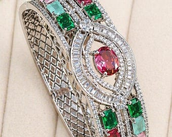 Pulsera de rodio con circonitas multicolores florales, talla 2.4/Brazalete de diamantes CZ/Kara chapado en plata/Joyería india/Brazaletes CZ que se pueden abrir/Joyería india.