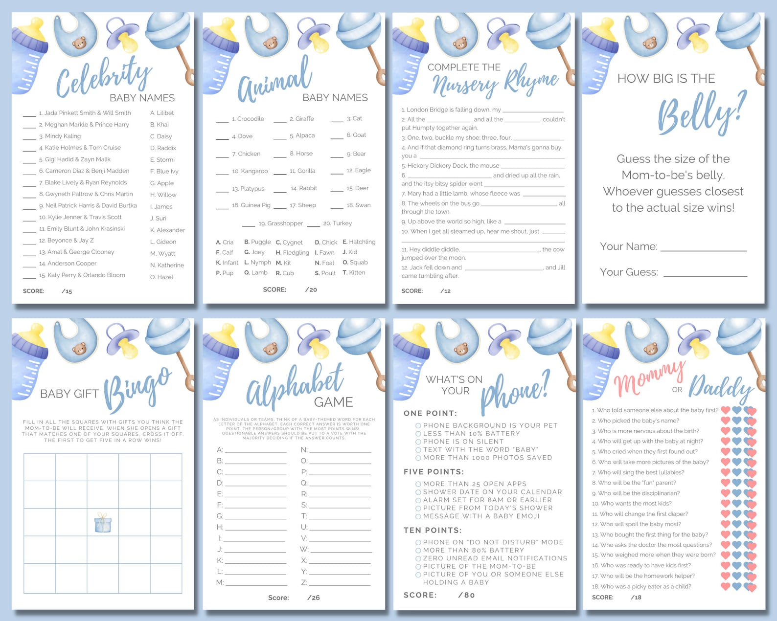 Baby Shower Games, Set of 15 Blue Printable Baby Shower Games and