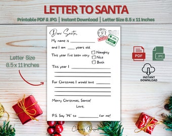 Carta a Santa, Carta de Santa imprimible, Lista de deseos de Navidad para niños, Carta de Querido Santa