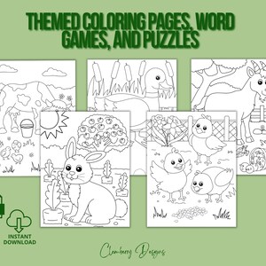May include: A set of black and white coloring pages featuring farm animals, including a cow, a goat, a duck, a rabbit, and chicks. The pages are titled "Themed Coloring Pages, Word Games, and Puzzles".