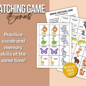 May include: A printable animal matching game for kids. The game features colorful illustrations of animals like a lion, snake, butterfly, giraffe, zebra, polar bear, toucan, iguana, flamingo, fox, bear, and squirrel. The game is designed to help children practice their vocabulary and memory skills.