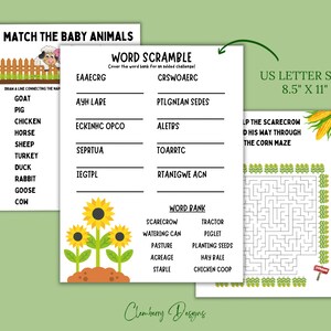 May include: A printable worksheet with three activities for kids. The first activity is a matching game with baby animals. The second activity is a word scramble with farm-related words. The third activity is a maze with a scarecrow and corn.