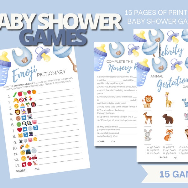 Juegos de Baby Shower, Set de 15 Juegos y Actividades de Baby Shower Imprimibles en Azul, Juegos Divertidos para Baby Shower