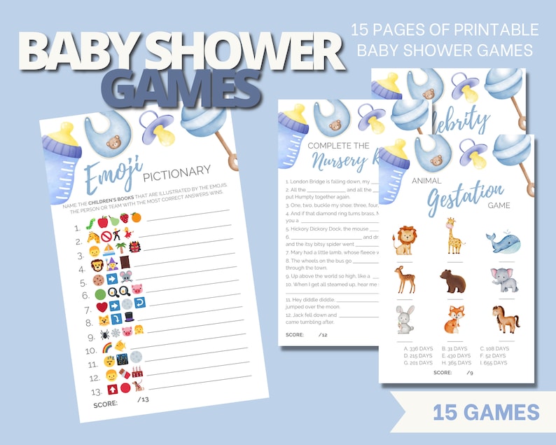 Baby Shower Games, Set of 15 Blue Printable Baby Shower Games and