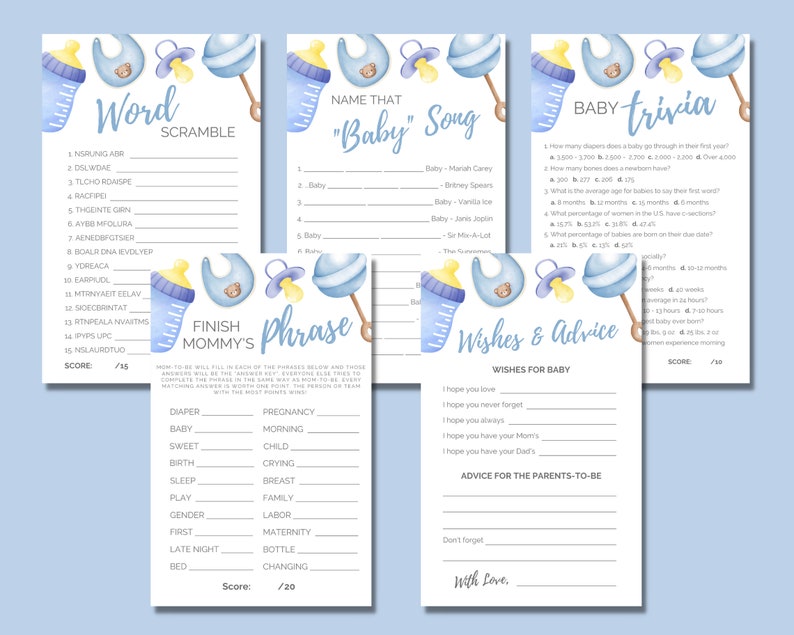 Baby Shower Games, Set of 15 Blue Printable Baby Shower Games and