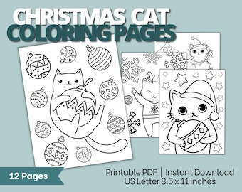 Páginas para colorear de gatos navideños, libro para colorear imprimible con temática de gatos, lindas páginas para colorear para niños, páginas para colorear de gatos navideños