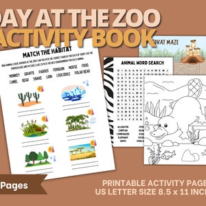 May include: A printable activity book for kids featuring a day at the zoo theme. The book includes a match the habitat game, an animal word search, and a meerkat maze. The book is 8.5 x 11 inches.