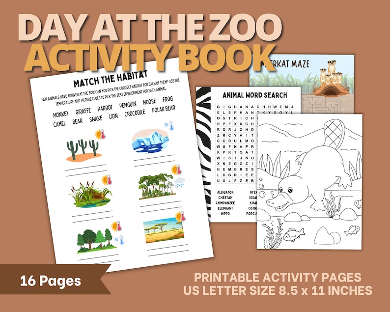 May include: A printable activity book for kids featuring a day at the zoo theme. The book includes a match the habitat game, an animal word search, and a meerkat maze. The book is 8.5 x 11 inches.