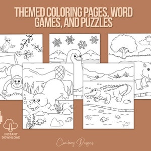 May include: Black and white coloring pages featuring a platypus, a monkey, a penguin, a crocodile, and a hippopotamus. The pages are part of a set of themed coloring pages, word games, and puzzles.