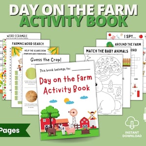 May include: A colorful activity book for kids featuring farm animals and activities like word scrambles, word searches, and I Spy. The book cover features a red barn, a windmill, a cow, a pig, and a chicken. The book is titled "Day on the Farm Activity Book" and has 16 pages.