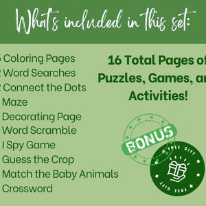 May include: A green and white graphic with the text "What's included in this set:" and a list of 16 total pages of puzzles, games, and activities. The graphic also includes a bonus free gift.