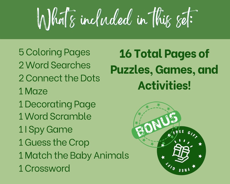 May include: A green and white graphic with the text "What's included in this set:" and a list of 16 total pages of puzzles, games, and activities. The graphic also includes a bonus free gift.
