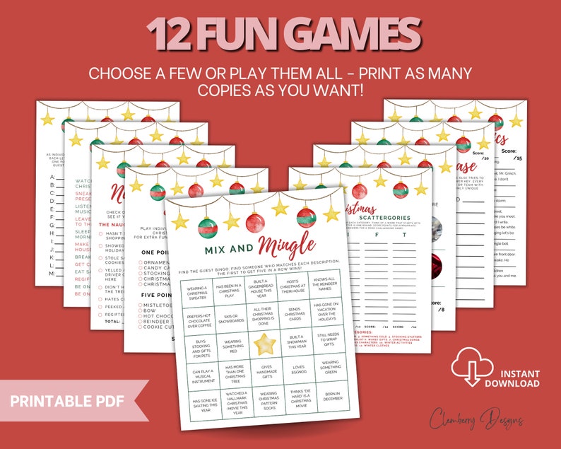 Christmas Party Games, Set of 12 Christmasthemed Printable Games for