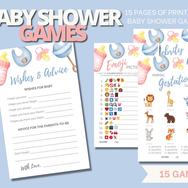 Baby Shower Games, Set of 15 Pink & Blue Printable Baby Shower Games and Activities, Fun Games for Baby Shower