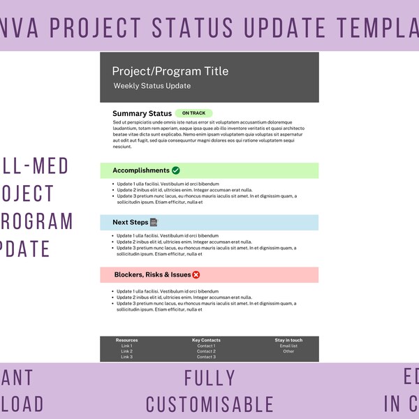 Project Status Report Template, Project Status, Project Report, Project Update, Editable Template in Canva, Instant Download