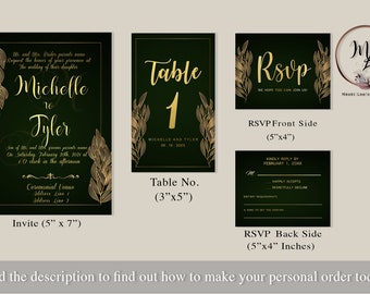 Invitación Boda elegante verde esmeralda y oro