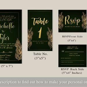 Puede incluir: Un conjunto de plantillas de invitación de boda imprimibles con acentos dorados y verdes. La invitación presenta los nombres Michelle y Tyler, la fecha y la hora de la boda. La tarjeta RSVP incluye un número de mesa, un lugar para que los invitados respondan a la invitación y un espacio para los requisitos dietéticos. Las plantillas están diseñadas en un estilo moderno con un toque de elegancia.