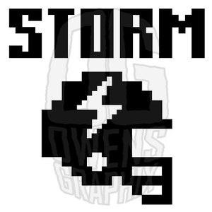 May include: Black and white pixel art graphic of the word "STORM" with a lightning bolt graphic below it.
