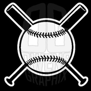 May include: Black and white illustration of a baseball with two crossed bats behind it.