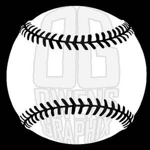 May include: A white baseball with black stitching. The stitching is in the shape of a baseball seam.