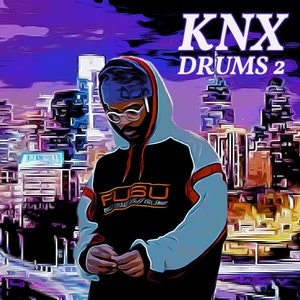 May include: A person wearing a black and blue hoodie with the word "FUSU" printed on the front, standing in front of a city skyline. The text "KNX DRUMS 2" is in white letters against a purple background.